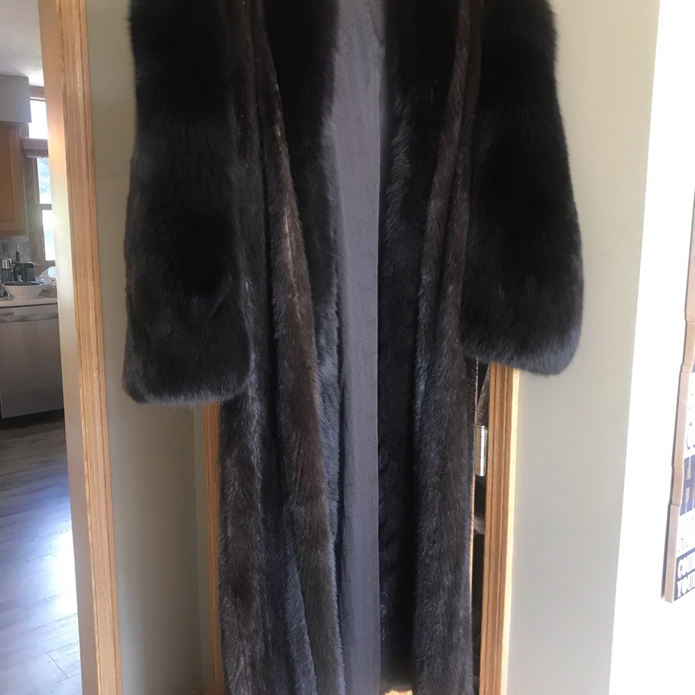 Black and brown mink and fox full length fur coat